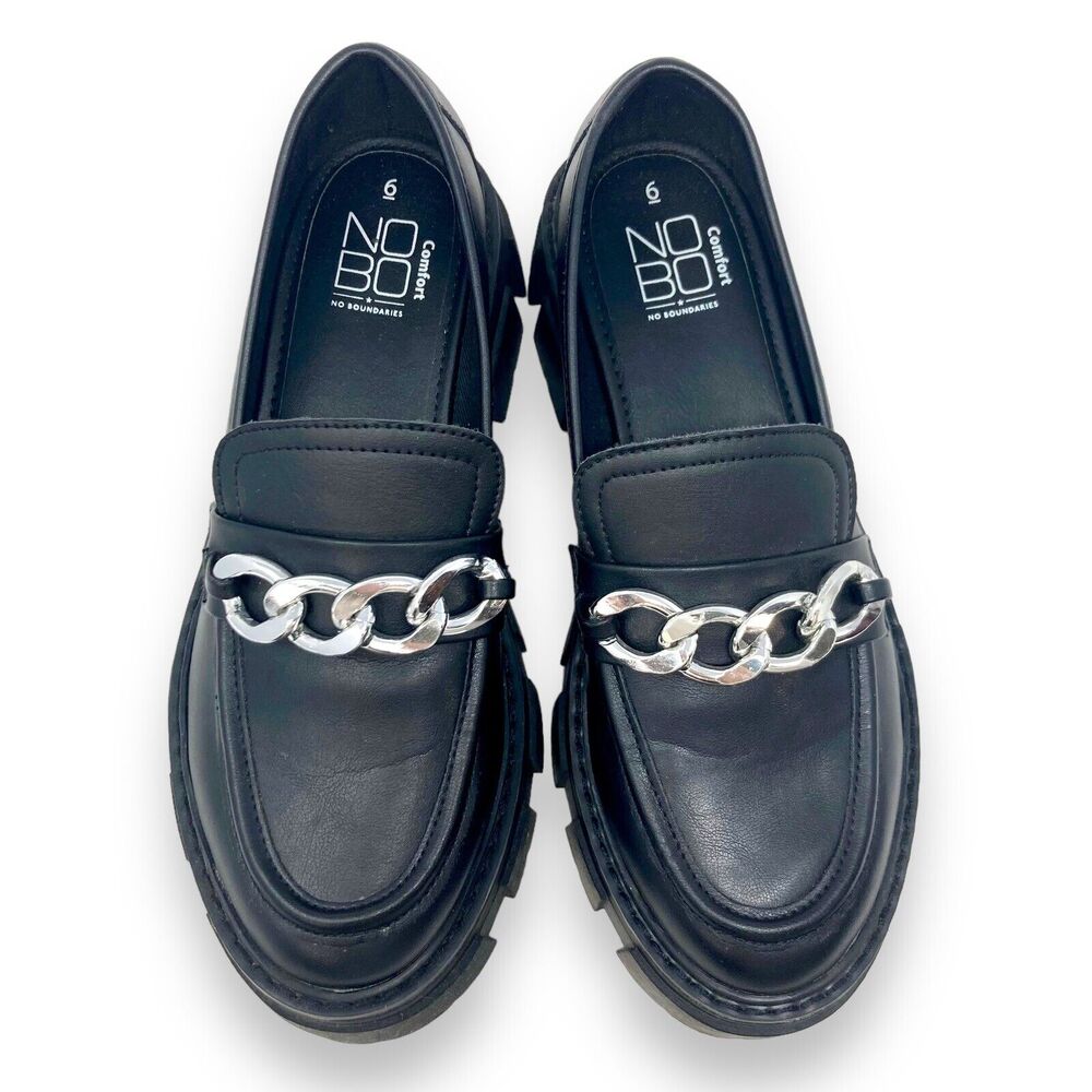 Chunky Y2K Slip On Loafer Women 6 Chain Detail Goth Black Lug Sole Shoes NOBO
